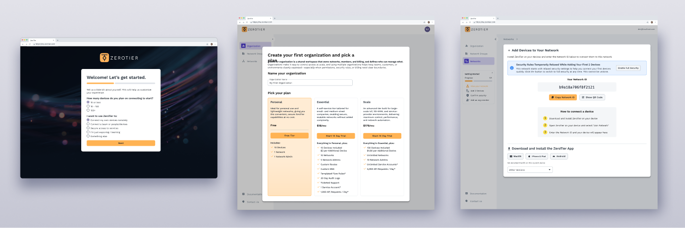 ZeroTier Central onboarding interface overview