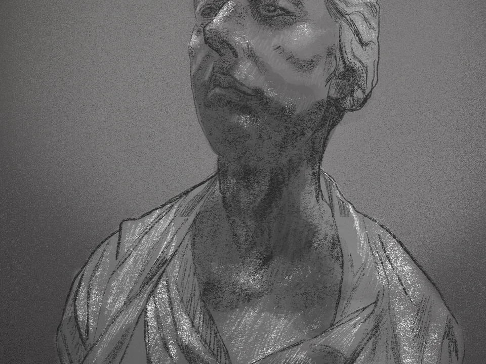 Grayscale digital painting of a sculpture bust